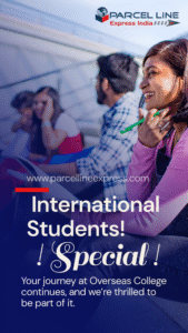 “Student Courier to USA,” “University Application Courier Hyderabad,” “Excess Baggage Service,” and “Medicine & Food Courier for Students Abroad.”
