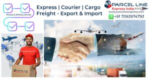 ParcelLine Express cargo jet and parcels flying from the Hyderabad airport toward the skylines of Singapore, Hong Kong, and Kuala Lumpur.