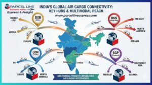 ParcelLine Express India with its key International Hubs and routes connecting to global destinations cargo planes and delivery vans, multi-modal freight capabilities.