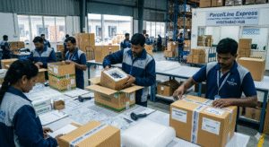 ParcelLine Express staff securely packing pharmaceutical and cosmetic products for international export from Hyderabad.