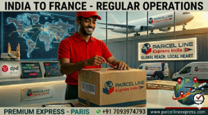 ParcelLine Express India staff preparing a premium air courier package for shipment to France, featuring the Master Logo and DPD Group branding.