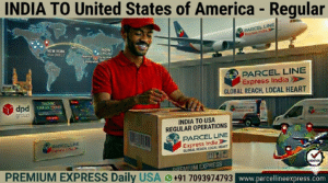 ParcelLine Express India Hero Staff preparing a premium AirEx Cargo package for direct flight from Hyderabad to New York City, featuring the Master Logo.