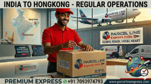 ParcelLine Express India staff member (Hero Persona) preparing a premium air courier package for shipment from Hyderabad to Hong Kong.