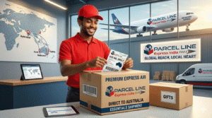 ParcelLine Express India premium air courier package with Master Logo being prepared for shipment from Hyderabad to Australia.