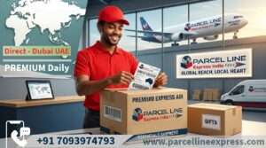 ParcelLine Express India premium AirEx Cargo shipment with Master Logo, being processed for a daily flight from Hyderabad to Dubai, UAE.