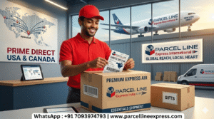 ParcelLine Express India Hero Staff preparing a premium AirEx Cargo package for direct flight from Hyderabad to New York City, featuring the Master Logo.