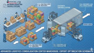 LCL consolidation flowchart mapping small business shipments collected from industrial zones in Hyderabad, stuffed inside a single shared container at a centralized freight hub, and dispatched via South Indian sea gateways.