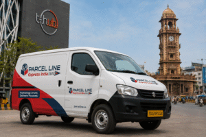 ParcelLine Express India courier vehicle providing door-to-door pickup in Secunderabad and Hyderabad, Telangana. 4.8-star rated logistics service.
