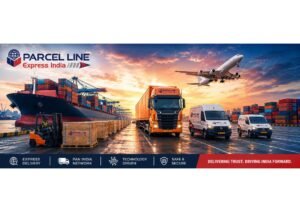 ParcelLine Express logistics personnel loading commercial air and ocean cargo at Hyderabad transit hub