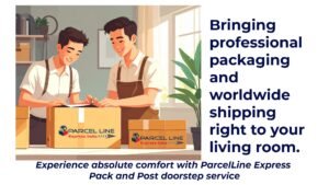 Professional ParcelLine Express staff performing doorstep parcel packing and courier pickup service in a Hyderabad home.